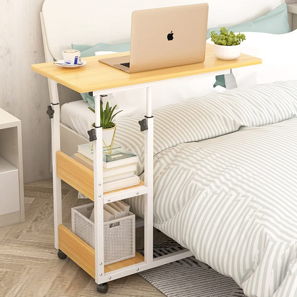Overbed Table Side Table with Wheels Mobile End Table Height Adjustable Bedside Table Laptop Rolling Cart C Shaped TV Tray with Storage Shelves for Sofa Couch
