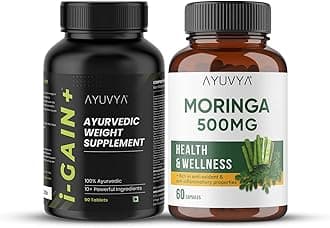 Ayuvya i-Gain+ & Moringa Capsules Combo | i-Gain+ for Muscle Mass, Digestion & Weight Gain | Moringa for Energy, Immunity & Digestive Health