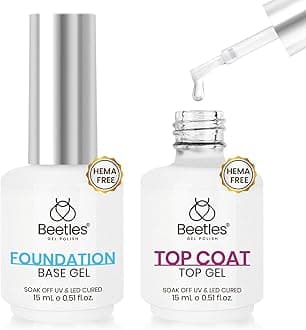 Beetles 2Pcs Hema Free Gel Base and Top Coat Set No Wipe, Upgraded Mild Formula Glossy Top Coat Gel Nail Polish Long Lasting Effect Soak Off No More Damaged Nails