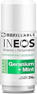 INEOS Skin Science - All Day + All Night 24H Freshness + Protection Antipersprirant Deodorant Roll On Geranium + Mint - With SkinActiv Cooling Tech™ - Plant Powered 50ml