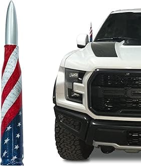 Engirette Car Truck Antenna with Tire Stem Caps American Flag Anti-Theft Design, Universal Short Replacement for Ford F150 F250 F350 Raptor Dodge RAM GMC Sierra Chevy Silverado 1500 2500 3500, Silver