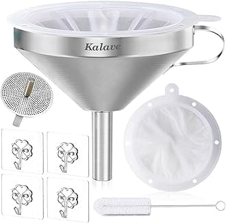 KALAVE Premium Stainless Steel Funnel, 5 Inch Food Grade Kitchen Funnels with 200 Mesh Food Filter Strainer, Metal Funnel for Filling Bottles, Food Funnel for Oils, Juice, Wine, Coffee, Milk