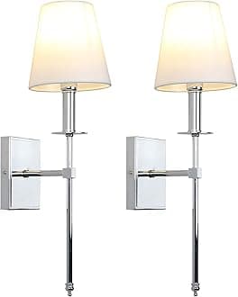 PERMO Set of 2 Classic Rustic Industrial Wall Sconce Lighting Fixture with Flared White Textile Lamp Shade and Chrome Tapered Column Stand, Hardwired, E26 Base