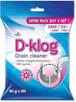 D-Klog Drain Cleaner Powder (40g x 5N), Removes Clogs, Blockages in Washbasin, Sinks, Pipes within 30 Minutes, No Manual Hassle with Drain spring pipe, Plunger, Drain Stick, Cleaning Hook