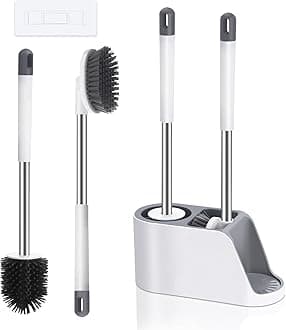 Toilet Cleaning Brushes Set Holder Stand with Silicone Toilet Bowl Brush & Soft Bristles Bathroom Cleaning Floor Scrubber Brush, with Ventilated Drying Stand, Self Adhesive Wall Mounted ToiletBrush