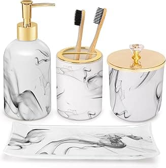 Haturi Bathroom Accessories Set, 4 Pcs Marble Look Sets Soap Dispenser & Toothbrush Holder Counter Top Restroom Apartment Decor Stuff, Glass Kits, Gift for Women and Men, Ink White