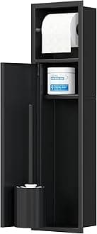 Recessed Toilet Brush Holder, SUS304 Stainless Steel Rustproof Recessed Toilet Brush Holder, in Wall Tissue Brush Storage Cabinet for Bathroom, Matte Black, 4" Depth