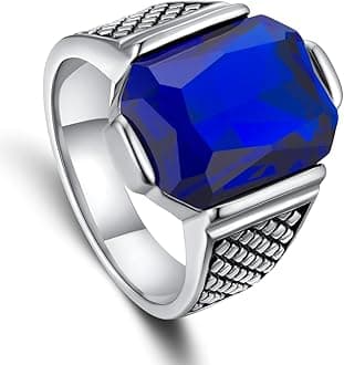 Mens Signet Ring Stainless Steel Silver Rings for Men Women,Emerald/Black Onyx/Ruby/Blue Gemstone Ring Wedding Ring Gift Package