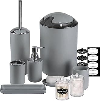 IMAVO Badezimmer-Zubehör-Set – 8-teiliges graues Badezimmer-Zubehör-Set mit Mülleimer, Seifenspender, Seifenschale, Zahnbürstenhalter, WC-Bürstenhalter, Qtip-Halterspender mit Etiketten