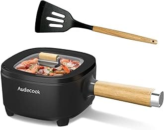 Audecook Electric Saucepan, 2L Cermic Glaze Nonstick Frying Pan, Portable Travel Multicooker for Ramen, Steak, Egg, Fried Rice, Oatmeal, Soup, 350W/800W (Red/2L Without