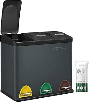 SONGMICS LTB24GS 3 x 8L Small Volume Kitchen Waste Bin with Lids Triple Steel Bin for Small Families Pedals and Buckets Easy to Clean, Greenish Grey and Black LTB24GS