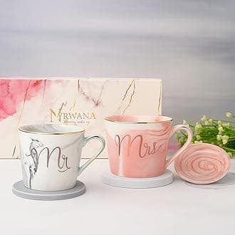 NYRWANA Coffee Mug, Wedding Present for Couples, Marriage Presents for Wedding, Couple Present, Holi Gifts, Mr & Mrs Set of 2 Coffee Mugs, Lids and Beautiful Gift Box (250ml - Ceramic)