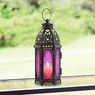 DECORKEY Purple Candle Decorative, Vintage Medium Size Moroccan Style Hanging Lantern, Metal Tabletop Lantern Decor, Christmas Candle Holders for Indoor Outdoor Patio (Purple)