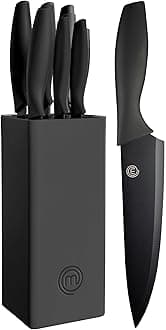 MasterChef Knife Set with Block, 6 Kitchen Knives and a Universal Knife Holder, Extra Sharp Stainless Steel Blades for Precise Cutting with Non Stick Coating & Soft Touch Easy Grip Handles, Black