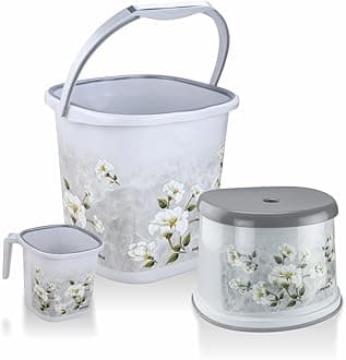 Square Ring Marble Plastic Set for Bathroom | 25 Liters Bucket & 1.5 Liters Mug | Bathroom Set of 3 | Accessories Set | Bucket and Mug with Stool | Grey