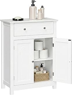 VASAGLE SONGMICS Free Standing Bathroom Cabinet with Drawer and Adjustable Shelf, Kitchen Cupboard, Wooden Entryway Storage Cabinet White, 23.6" L x 11.8" W x 31.5" H, UBBC61WT