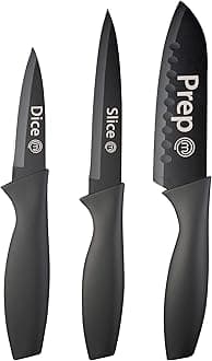 MasterChef Knife Set of 3 Kitchen Knives (Chef, Paring & Utility) Professional, Extra Sharp, Stainless Steel Blades With Non Stick Coating & Soft Touch Grip, Essential Collection 3 Piece, Black