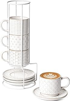 LE TAUCI Stackable Cappuccino Cups with Saucers and Stand, 8 oz Large Ceramic Coffee Cup Set for Café Au Lait, Latte, Tea Cup and Saucer Set of 4, Microwave & Oven Safe, Embossed, White