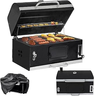 Large Built-in Barbecue Grills, Charcoal BBQ Grills with Liftable Tray, Insulated Hood & Temp Gauge, Black Stainless Steel Charcoal BBQ Barrel Grill for Outdoor Kitchen Camping Park Style