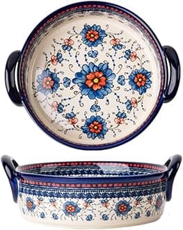 Blue and Orange Flower Vintage Style Ceramic Bakeware Casserole Dish Baking Pan Lasagna Pans Baking Dish with Handles for Oven/Cooking/Kitchen-1 PCS-32 OZ
