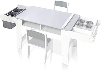 Kids Art Table Set with Chairs for Playroom, Toddler Craft and Play Wood Activity Table with Storage Bins and Paper Roll (Grey and White)