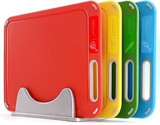 Plastic Cutting Board, Set of 4 with Storage Stand, Color Box Packed, BPA-Free, Preventing Cross-contamination of Different Food Types, Dishwasher Safe