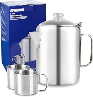 APOXCON Percolator Coffee Pot with Heat Resistant Borosilicate Glass Knob & Foldable Handle Stainless Steel Coffee Maker with 2 Mugs for Campfire or Stovetop Coffee Making Outdoor Camping Traveling