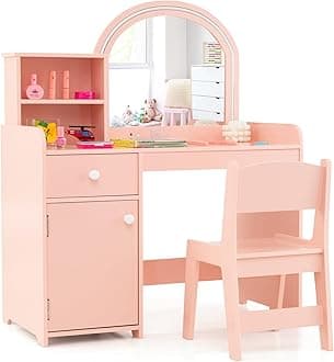 GYMAX Kids Vanity Table and Chair Set, Children Dressing Table with 2-Color LED Lighted Mirror, Drawer, Shelves and Cabinet, Wooden Girls Make up Table Set for Bedroom (Light Pink)
