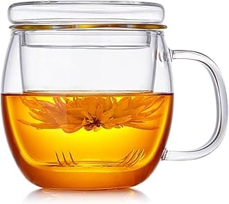 - Glass Tea Cup with Infuser and Lid, 17oz/500ml Large Borosilicate Teacup for Loose Leaf Tea, Blooming Tea