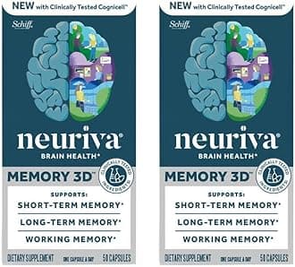 Memory 3D Brain Supplement - Nootropic Capsules for Memory, Focus & Cognitive Function - Short Term, Long Term, & Working Memory Support - 50ct - Pack of 2