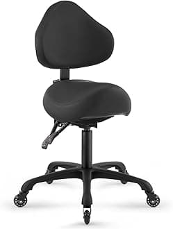 Pneumatic Swivel Rolling Saddle Chair with Wheels and Ergonomic Back Support for Hair Stylist, Dental Hygienist, Hygienic Clinic, Spa, Massage, Home, Office - 510 KOA (Black, Standard)