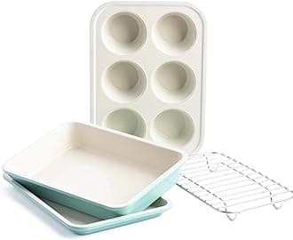 GreenLifeBakeware Healthy Ceramic Nonstick, 4 Piece Toaster Oven Baking Set with Cookie Sheet Muffin and Cake Pan, PFAS-Free, Turquoise