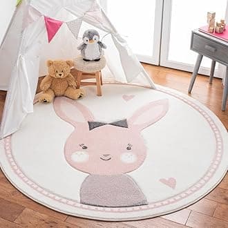 SAFAVIEH Carousel Kids Collection CRK166A Bunny Non-Shedding Playroom Nursery Bedroom Area Rug 5'3" x 5'3" Round Ivory/Pink