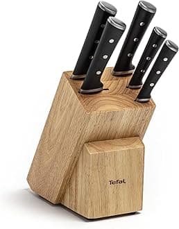 Tefal Wooden Knife Block 5pc Set- Ice Force Knives, German Stainless Steel & Premium Design - Bread 20 cm | Chef 20 cm | Santoku 18 cm | Utility 11 cm | Paring 9 cm - K232S574