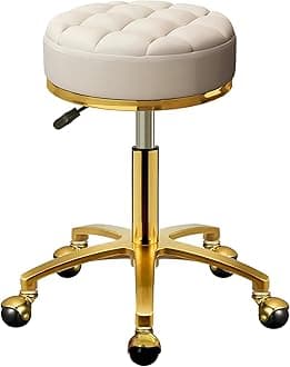 Rolling Stool Gold Vanity Stool with Wheels, Pedicure Massage Roller Stools, PU Leather Round Swivel Salon Spa Chair, Titanium Gold Base, Height Adjustable 43-55 cm (Off White)