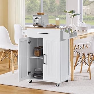 Yaheetech Kitchen Cart with Spice Rack Towel Holder, Kitchen Island Table with Storage Drawer for Dining Room Kitchen Living Room, White