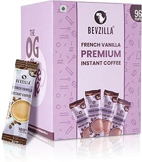 Bevzilla 96 Instant Coffee Powder Sachets (Vanilla) - 192 Grams |Arabica Coffee|Easy To Carry| Best For Espresso, Latte, Cappuccino |Enjoy Hot & Cold