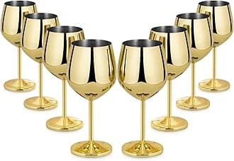 Lifecapido Stainless Steel Wine Glasses Set of 8, 18oz Stainless Steel Wine Goblets, Stemmed Metal Wine Glasses with Cup Brush for Party Office Wedding Anniversary, Great for Red White Wine (Gold)