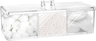 Square Qtip Holder Dispenser, 3 Compartments Cotton Ball Holder, Bathroom Canisters for Cotton Swab, Ball, Cottons Pad Organizer, Clear Acrylic Containers with Lid for Bathroom Vanity Countertop