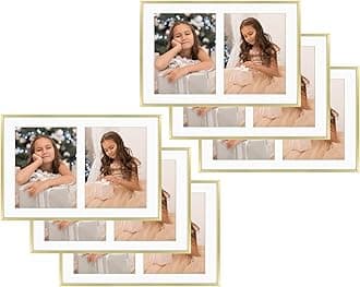 Golden State Art, 8x10 Aluminum Collage Frame, Displays 10x8 Pictures With 2 Openings Mat or One 12x19 Photo, Real Glass, Portrait/Landscape Wall Display, Gold, 6 Pack