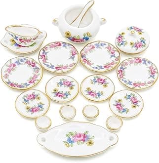 Odoria 1/12 Miniature Dish Dinnerware Set 17Pcs Dollhouse Decoration Accessories, Pink Rose