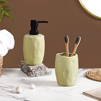 Nestasia Ceramic Bathroom Accessories Set of 2 - Liquid Soap Dispenser & Toothbrush Holder for Bathroom & Wash Basin - Lime Green Bath Set - Luxury Home Gift