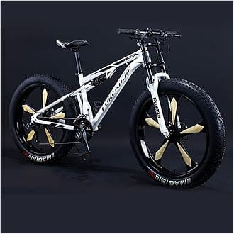 Mountain Bikes Men 26 Inch Adult Fat Tyre Mountain Bike with Full Suspension, High-carbon Steel Large Frame Dual Disc Brake Giant Bicycle,White 5 Spoke,7 Speed