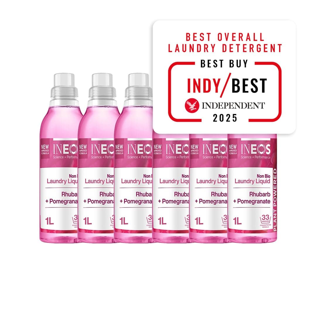 INEOS Next-Gen Non Bio Laundry Washing Liquid Detergent, 198 Washes (6 x 1L), High Performance Stain Remover For Clothes, Plant Powered, For Sensitive Skin, Rhubarb + Pomegranate, Packaging May Vary