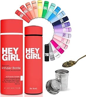 Hey Girl Tea Infuser Bottle 450ml - Insulated Stainless Steel Water Bottle - Thermos Tea Tumbler with Tea Diffuser - Portable Travel Mug for Loose Leaf Tea & Infused Water - Tea Lovers Gifts for Women