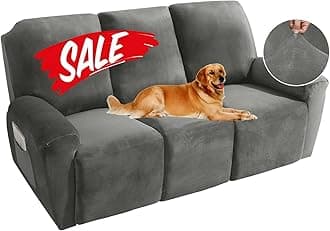 MAXIJIN 8 Pieces Recliner Sofa Covers, Stretch Velvet Reclining Couch Covers for 3 Cushion Furniture Covers, Thick Soft Washable Reclining Sofa Slipcovers (Sofa Recliner, Grey)