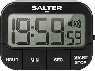 Salter Kitchen Digital Display Count up or Countdown Timer, Adjustable Loud Beeper, Large Start/Stop Button, Memory Function, Magnetic or Self Standing-Black, Plastic