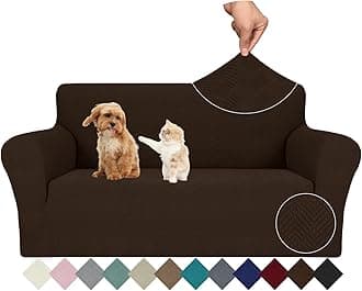 JIVINER Stretch Loveseat Slipcovers 1 Piece Love Seat Sofa Cover Spandex 2 Seater Couch Covers Universal Furniture Protector with Elastic Bottom (Medium, Coffee Rhomb)
