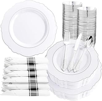 Liacere 350PCS Silver Plastic Plates-Disposable White and Silver Plates 50guest Baroque Plastic Dinnerware Set include 100Plates, 50Pack Pre Rolled Napkins with Silverware 50Cups Perfect for Wedding