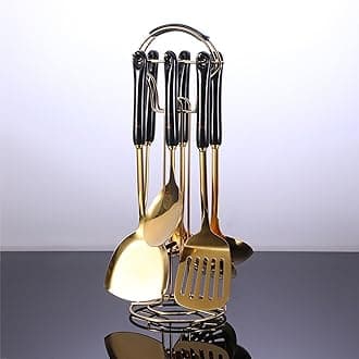 7 Pieces Gold Cooking Utensil Set with Hanging Shelf Kitchenware Cookware Set Stainless Steel 304 Nonstick Heat Resistant Ceramic Handle BPA Free Dishwasher Safe,Black